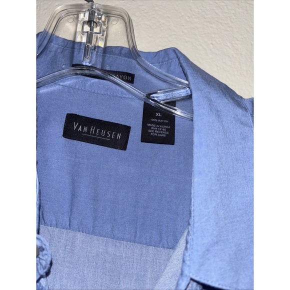 Van Heusen Button Up Shirt Men's XL Blue Gradient Palm Tree Rayon Casual - Picture 3 of 3